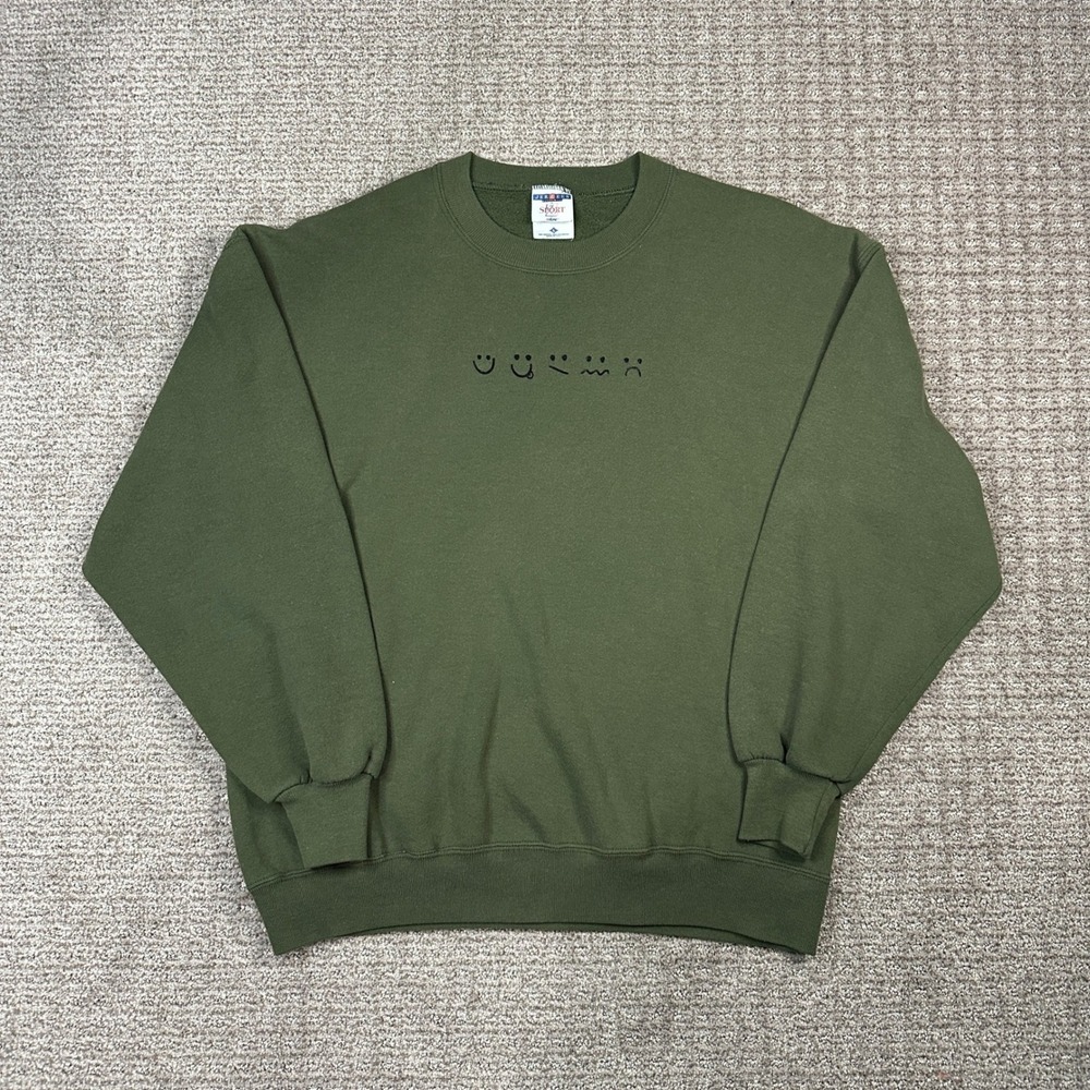 Vintage Jerzees NuBlend Olive Green Emoji Faces Crewneck Sweatshirt Large USA